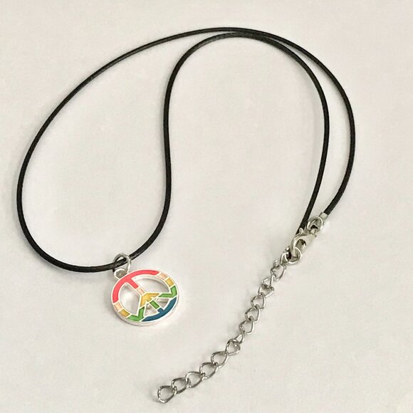 Peace Sign Pendant Choker Necklace Black Cord 16-18" Rainbow Hippie LGBT Retro - Picture 4 of 6